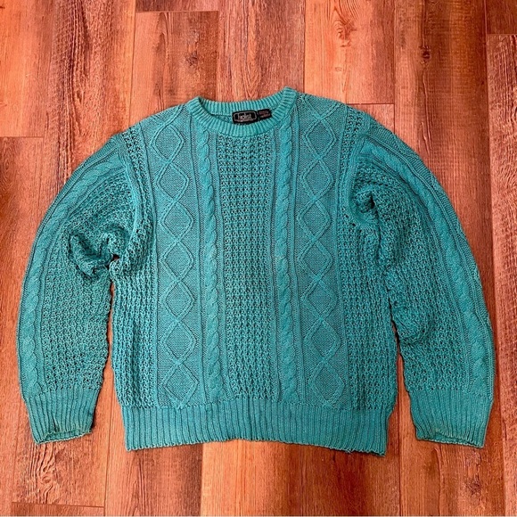 Vtg FINALIST Cable Knit Fishermans Sweater Mens L Ramie Cotton‎ Aqua Long Sleeve - Picture 1 of 11